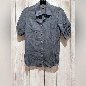 FLAX 100% LINEN BUTTON UP BLUE SHIRT 1/2 Roll Tab Sleeve Size Small Lagenlook